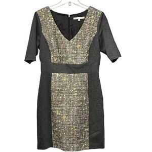 Trina Turk Tweed V-Neck Sheath Dress Size 12 Multi Color Gray Knee Length